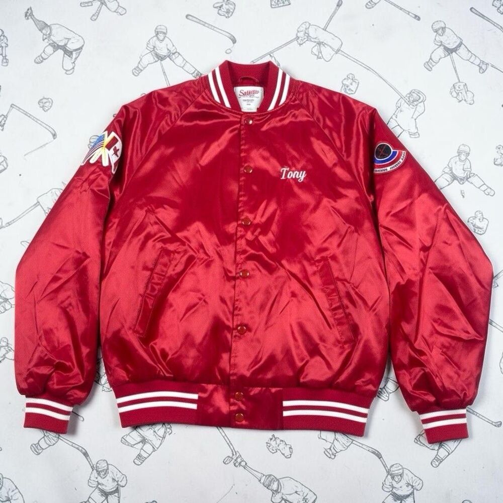VTG 90s Hockey Bomber Jacket Men LARGE Red Satin Snap Lined USA Canada Patches